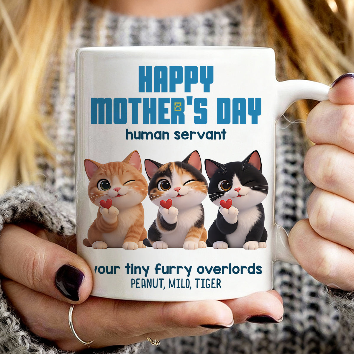 Happy Mother's Day Human Servant from Cute Fluffy Cats - Personalized Mug - Funny Gift for Cat Moms, Coffee Mug for Cat Lovers