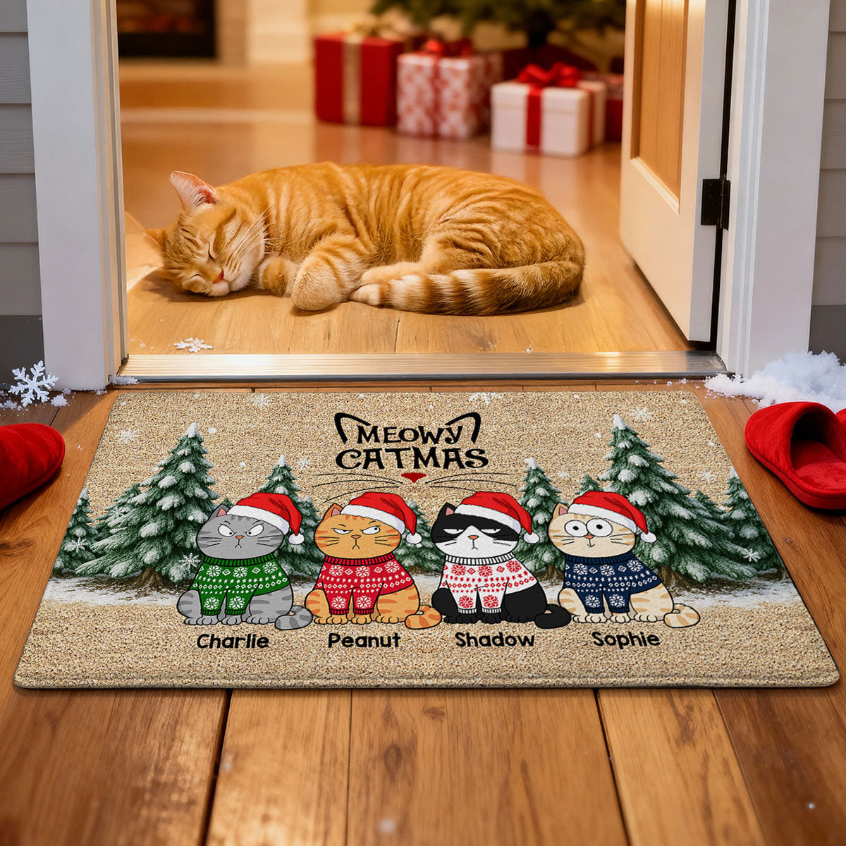 Christmas Funny Cute Cats Meowy Catmas - Personalized Doormat - Christmas Gift For Cat Lovers