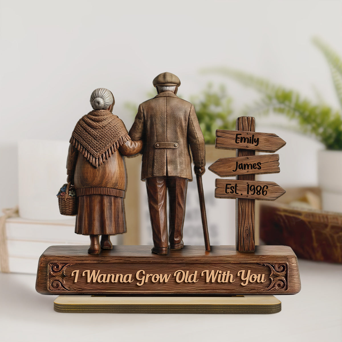 Old Couple Walking Side By Side Sign Post 2D Flat - Personalized 2-Layered Wooden Plaque