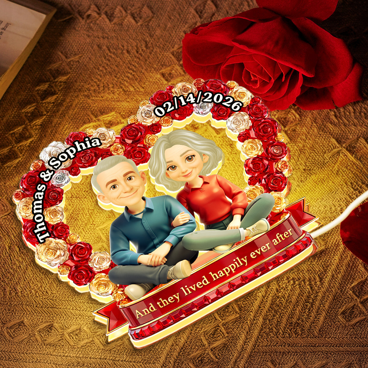 Flower Heart Couple Sitting Together - Personalized Light Box - Gift for Couple