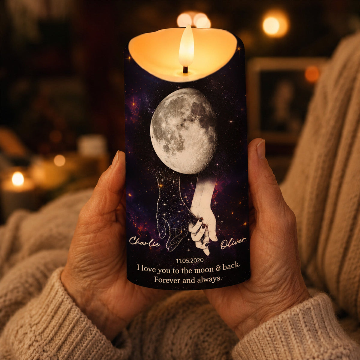 Lost Loved One Holding Hands Moon Phase - Personalized LED Candle - Memorial Gift, Remembrance Keepsake