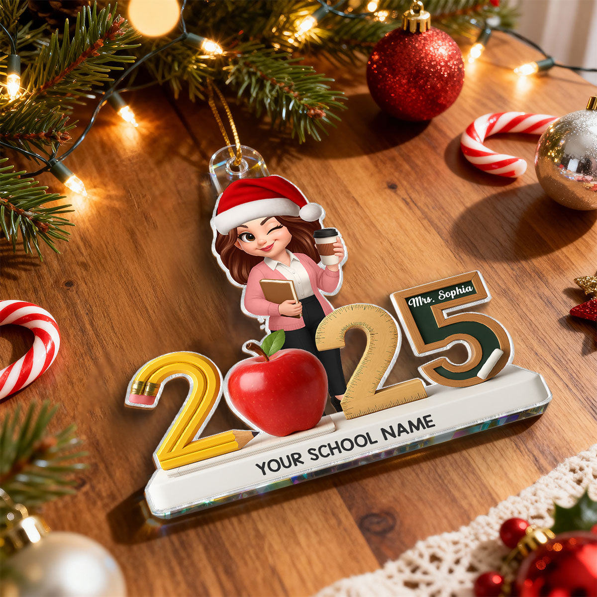 3D Effect Christmas Teacher Things - Personalized Acrylic Ornament - Gift For Teachers