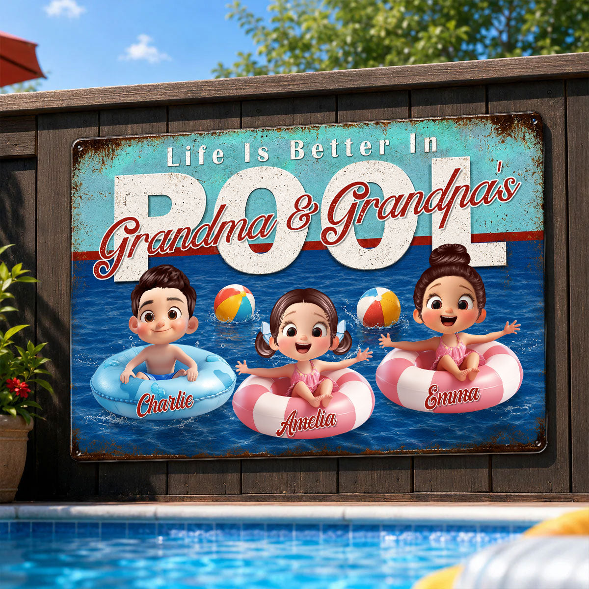 Life is Better in Grandma Grandpa's Pool - Personalized Metal Sign - Summer Decor Gift for Grandma, Grandparents