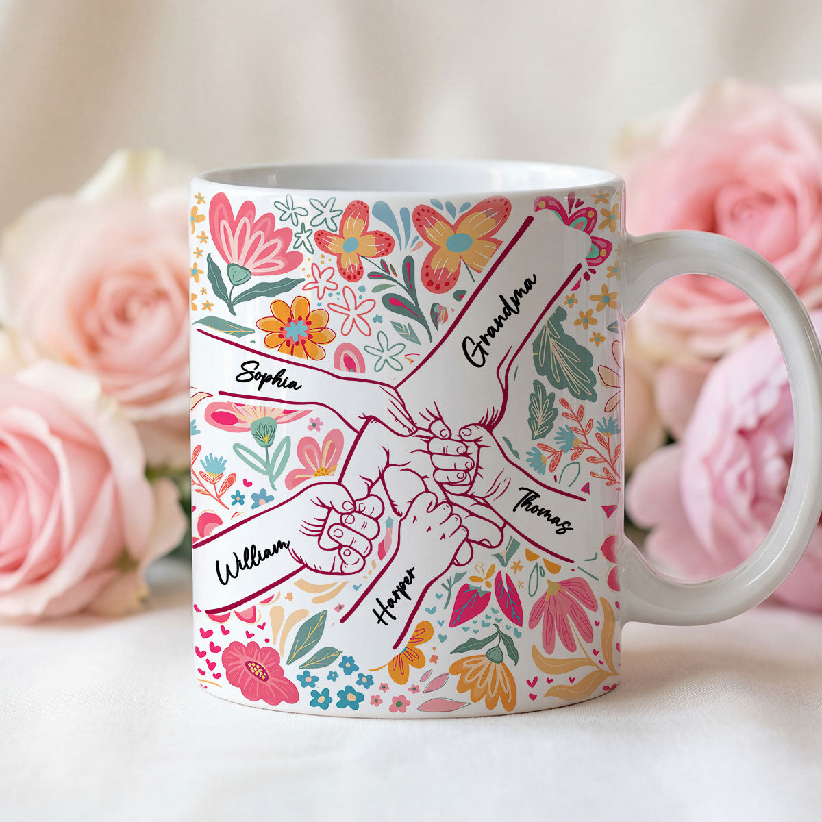 Kids Holding Hand Outline Floral Boho - Personalized Mug - Mother's Day Gift For Mom Grandma