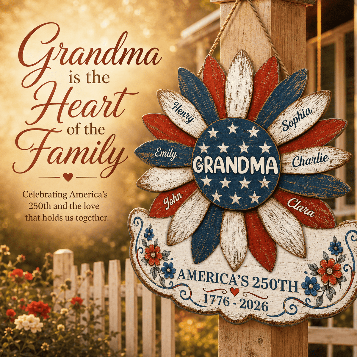 Grandma Nation Flag Sunflower America 250th Anniversary - Personalized Wood Sign - 250 Years Of Freedom, Patriotic Decoration