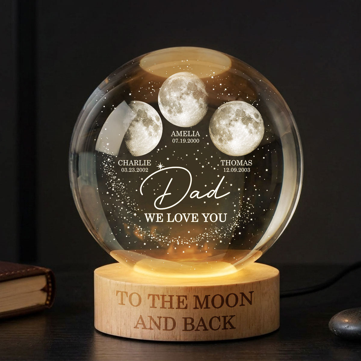 Love to the Moon and Back - Personalized Crystal Ball LED Night Light - Custom Moon Phase by Date,  Gift for Dad, Husband