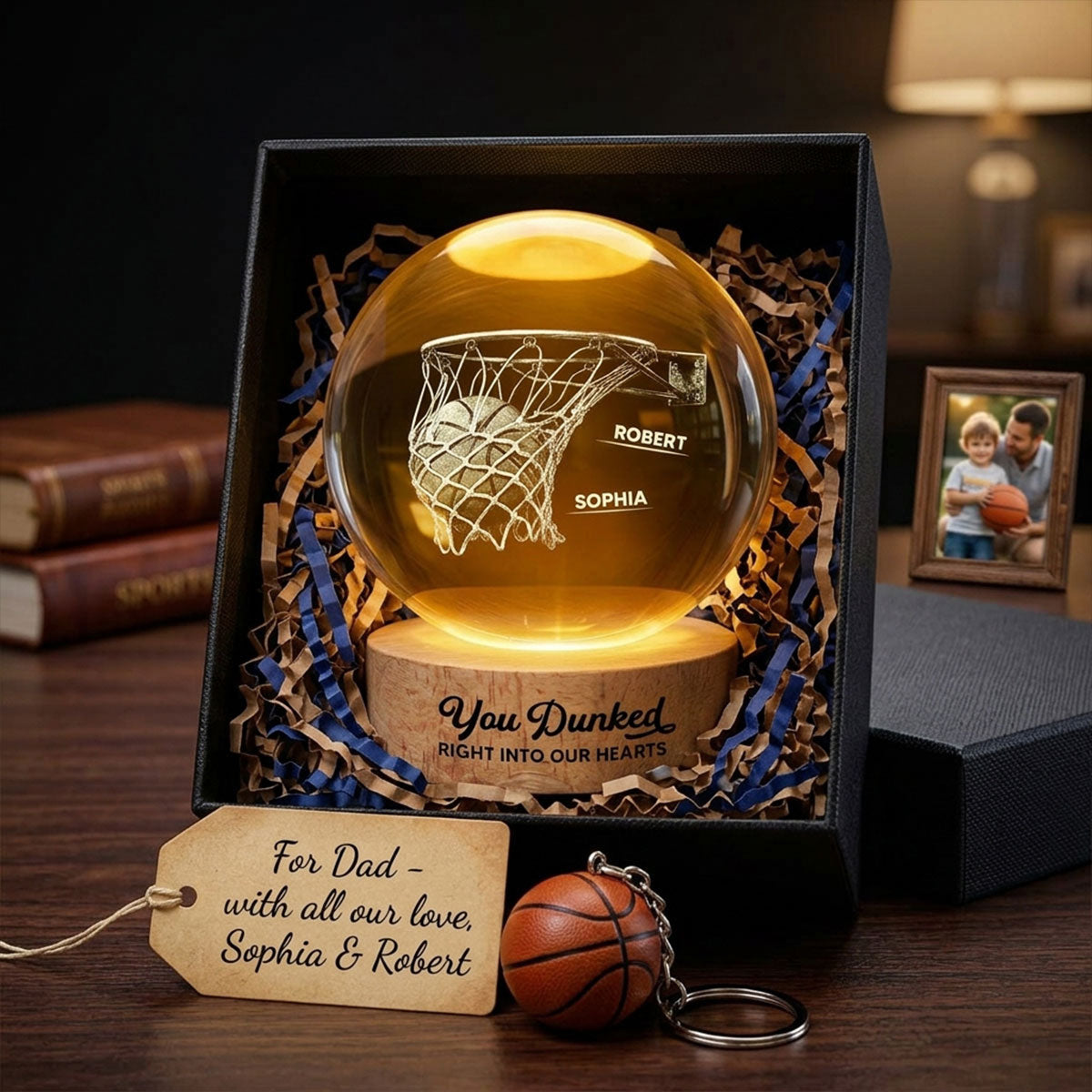 We Dunked Right Into Our Heart - Personalized Crystal Ball LED Night Light -  Gift For Basketball Dad
