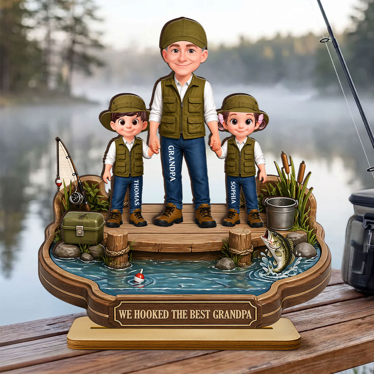 Grandpa's Little Fishing Partners - Personalized 2-Layered Wooden Plaque - Heartfelt Gift For Fishing Grandpa