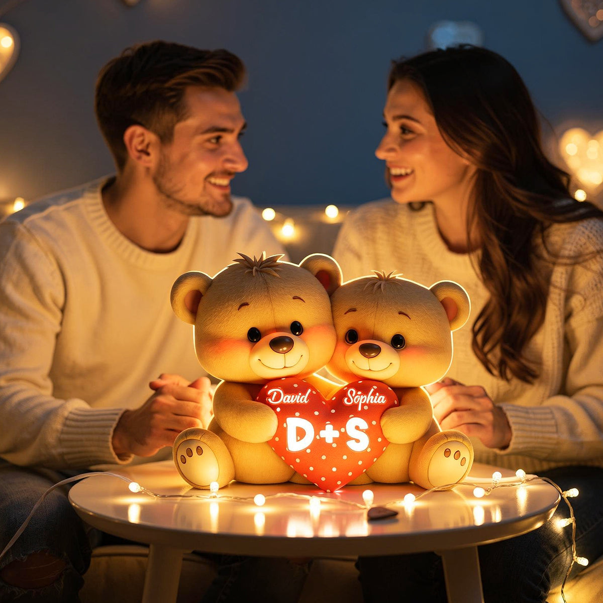 Bear Couple Holding Heart - Personalized Light Box - Valentine's Day Gift for him, for her