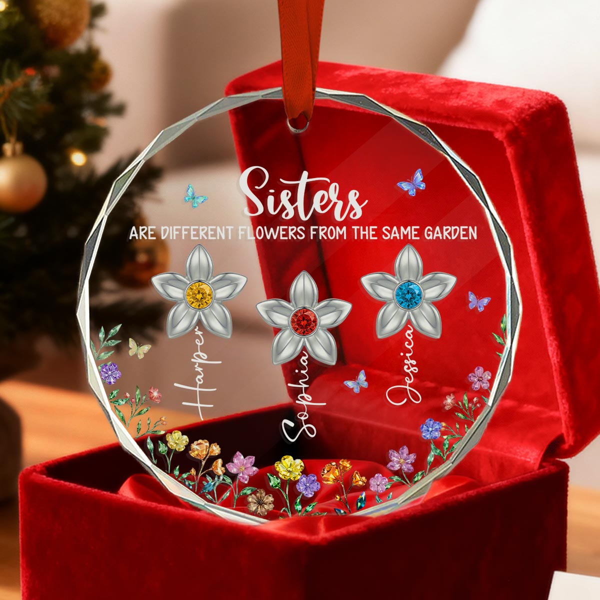 3D Birthstone Effect Custom Color Sisters Different Flowers From Same Garden - Personalized Glass Ornament - Gift For Sisters