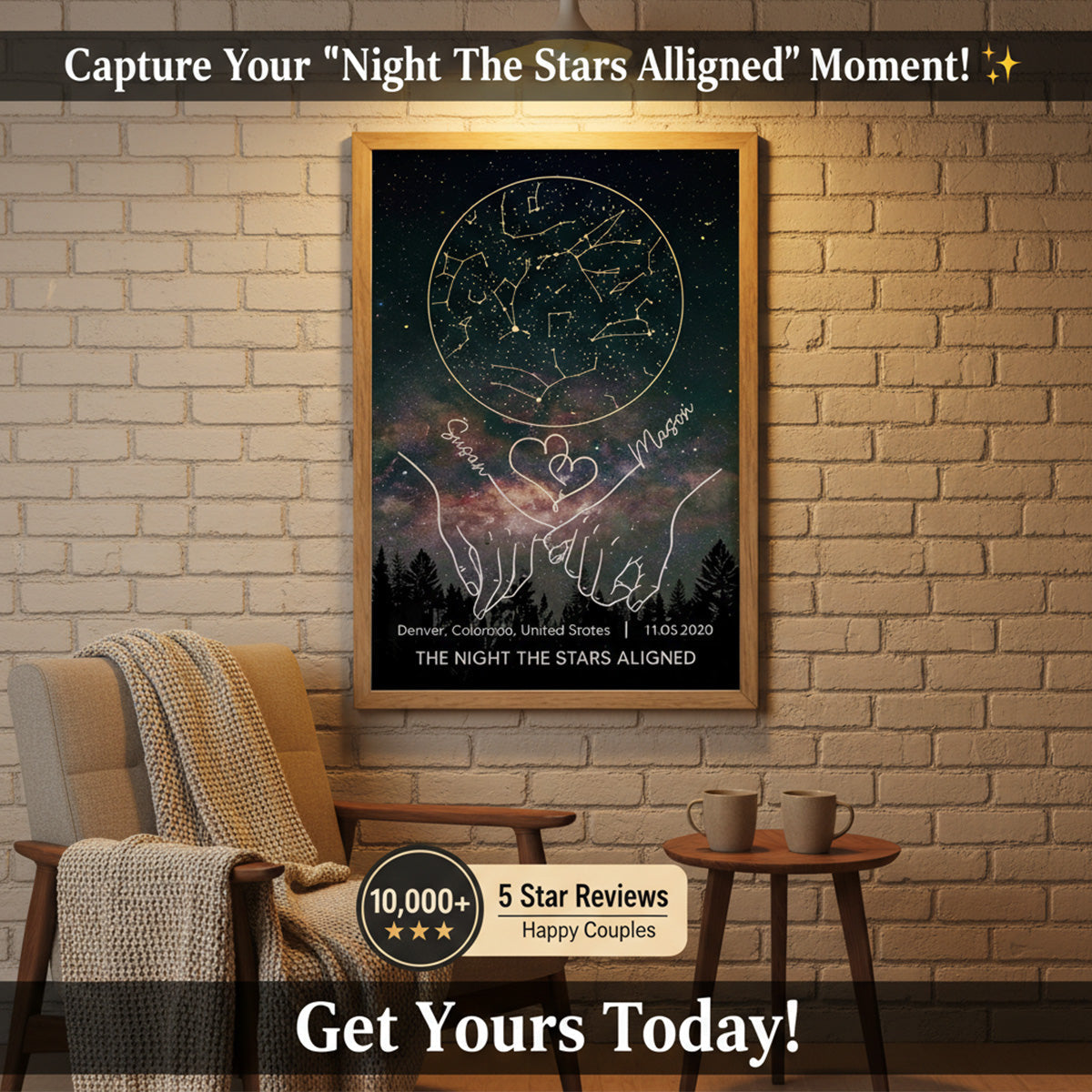 Couple Holding Hands Line Art Custom Star Map Anniversary Date - Personalized Poster - Valentine's Day Gift For Couple