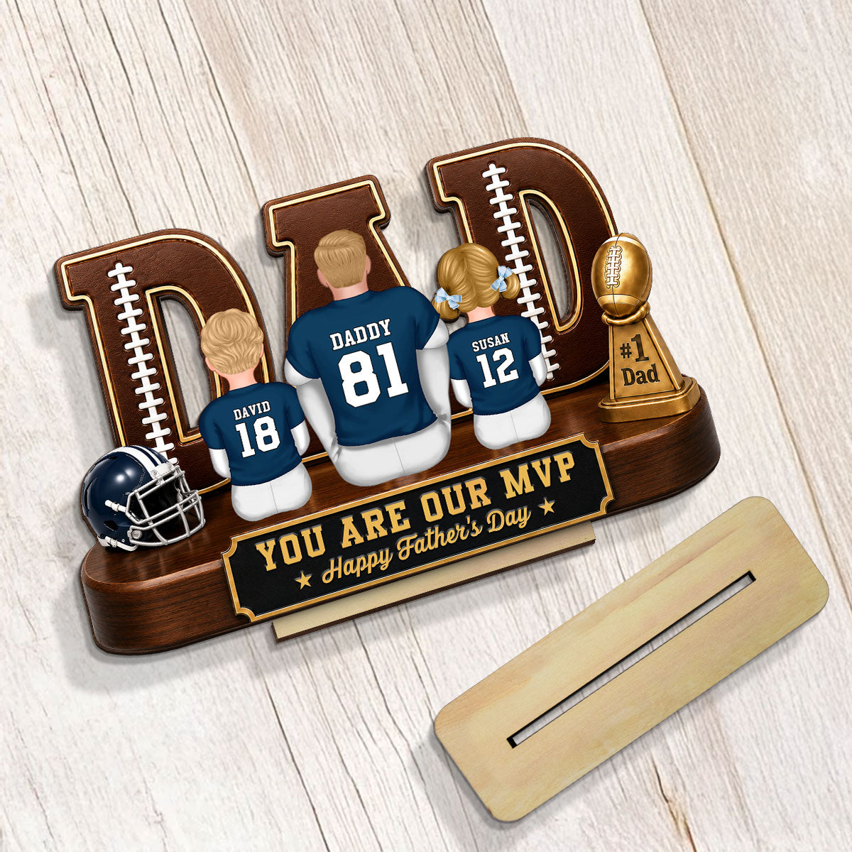 American Football Dad Legend Daddy's Dream Team - Personalized 2-Layered Wooden Plaque - Unique Trending Birthday Gift For Dad, Husband, Football Fans