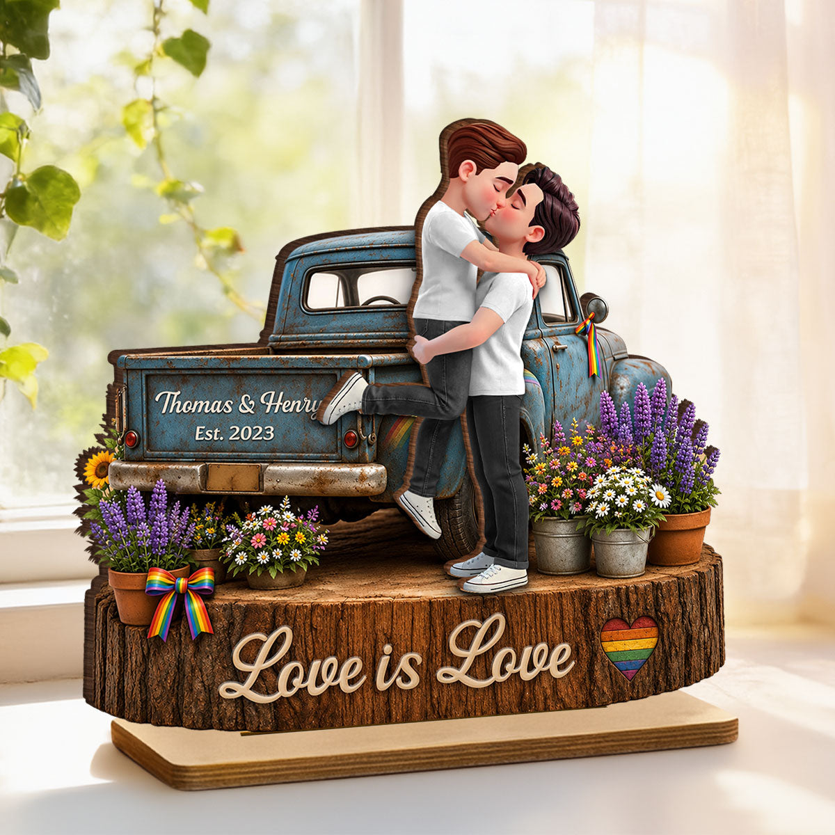 LGBT Couple Pickup Truck Proudly Us - Personalized 2-Layered Wooden Plaque - Gift For Couple, Happy Pride Month
