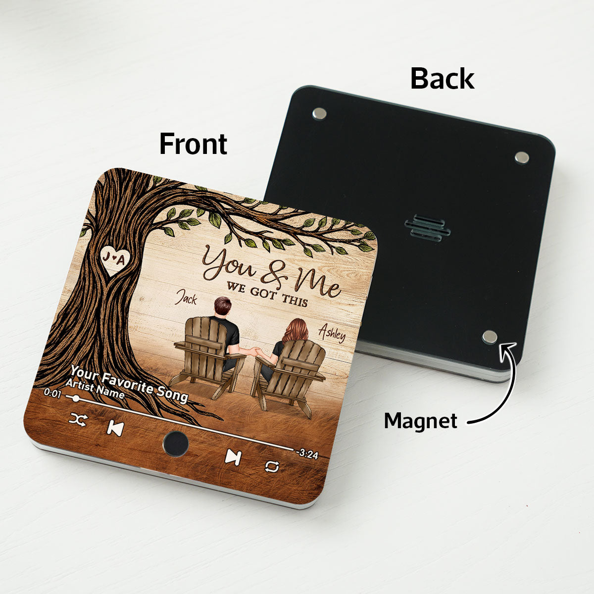 Couple Sitting Under Heart Carved Tree - Personalized Music Fridge Magnet - Valentine's Day Gift For Couple