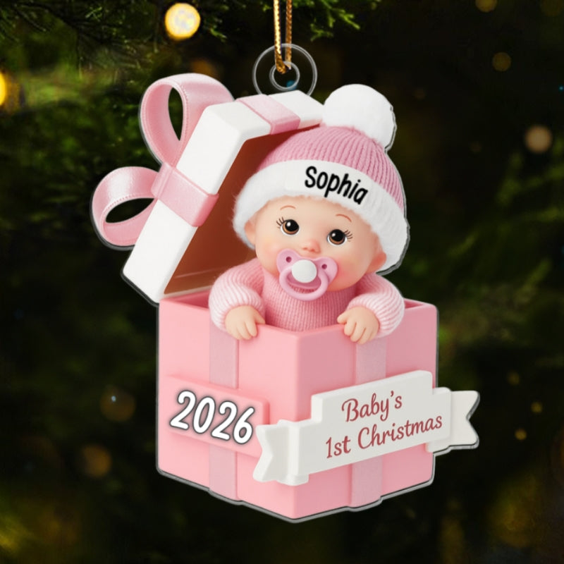 3D Effect Baby In Gift Box - Personalized Acrylic Ornament - First Christmas Keepsake