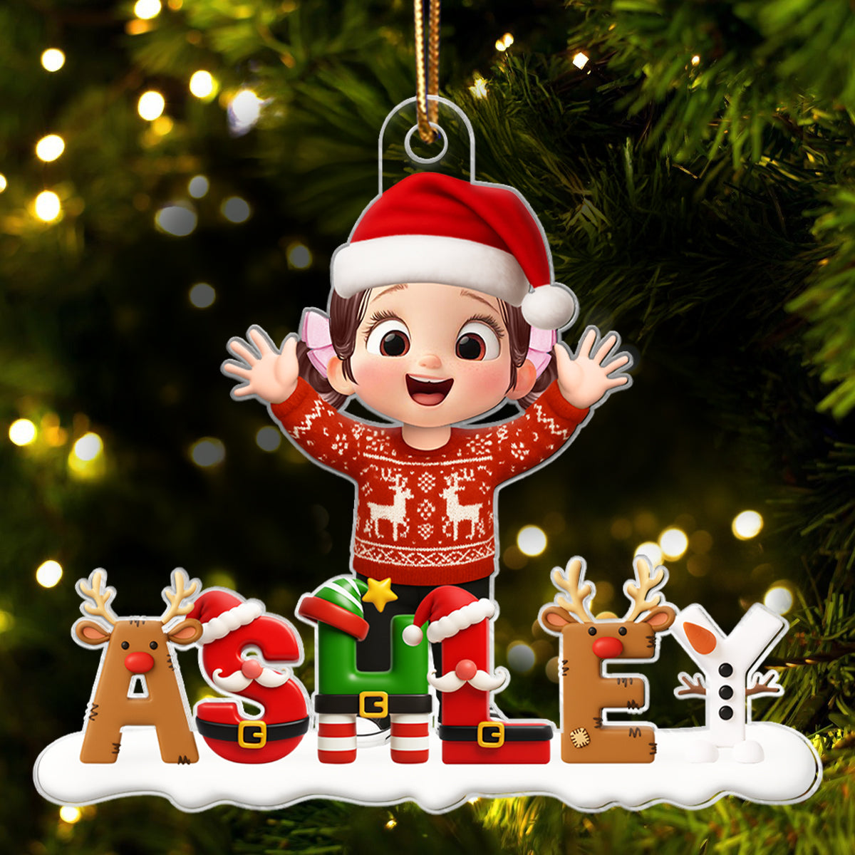 Happy Kid Christmas Iconic Name - Personalized Acrylic Ornament - Christmas Gift for Kid, Grandkids