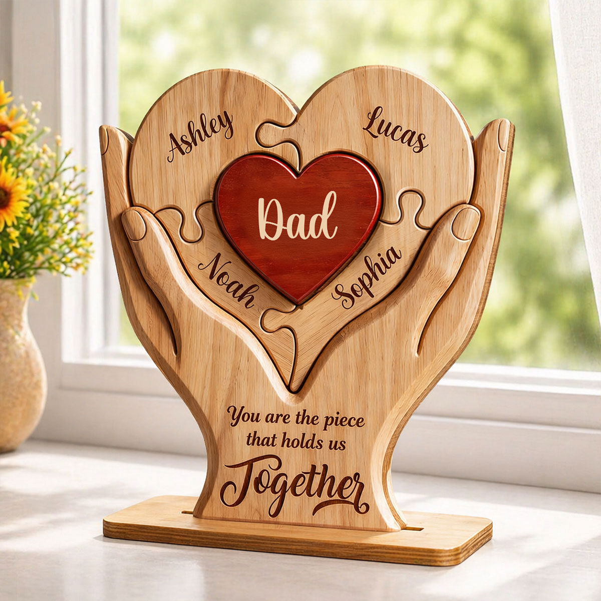 Dad The Piece That Holds Us Together - Personalized 2-Layered Wooden Plaque -  Gift for Dad, Husband