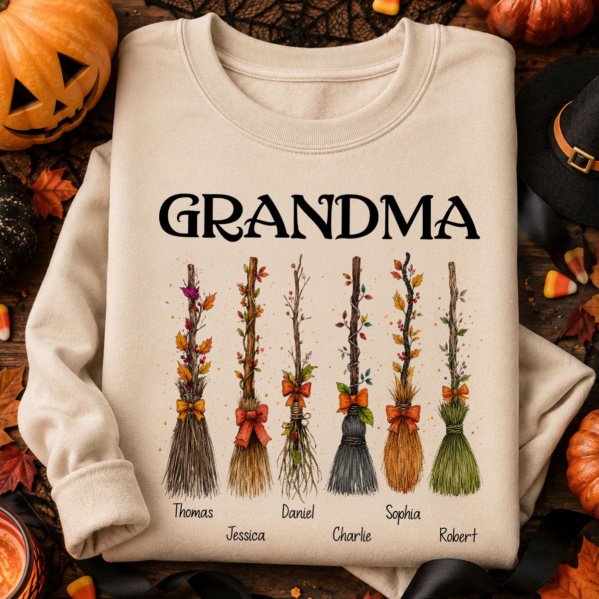 Grandma Witch Beautiful Broomsticks Custom Grandkids Names - Personalized Shirt - Halloween Gift For Grandma