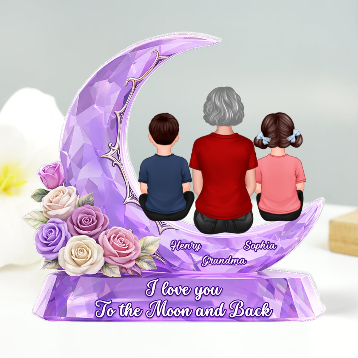 Grandma Grandkids Rose Moon I Love You To The Moon - Personalized Acrylic Block Plaque - Heartfelt Gift For Mom, Grandma