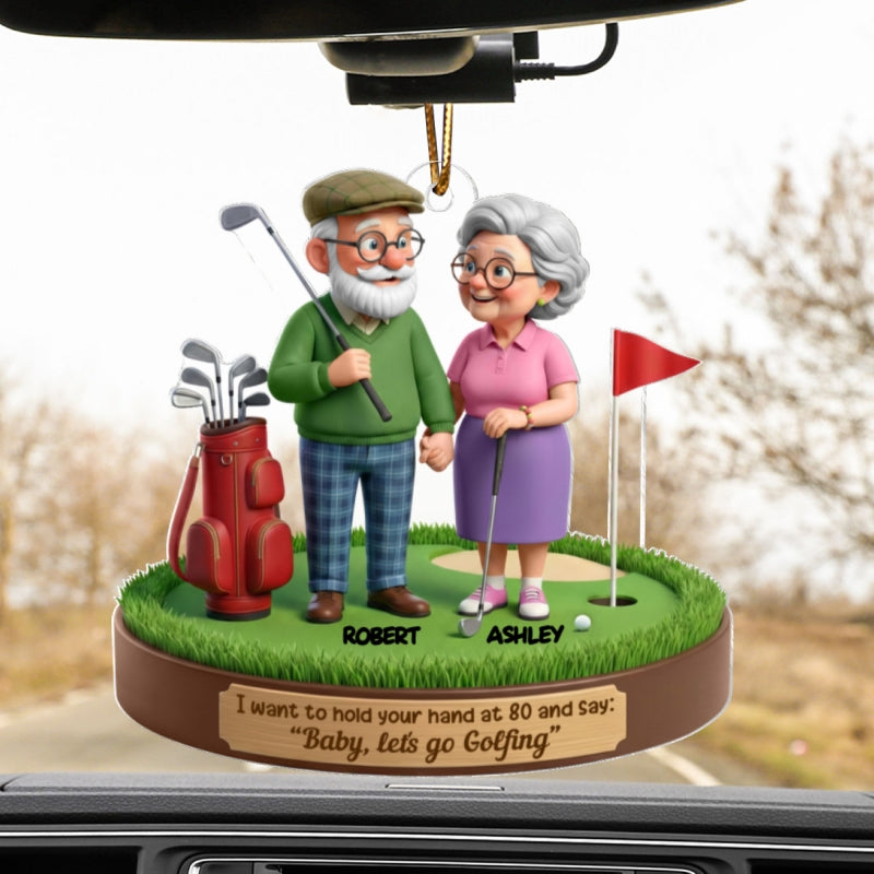 3D Effect Old Couple Baby Let's Go Golfing - Personalized Acrylic Car Hanger - Sentimental Gift for him, for her