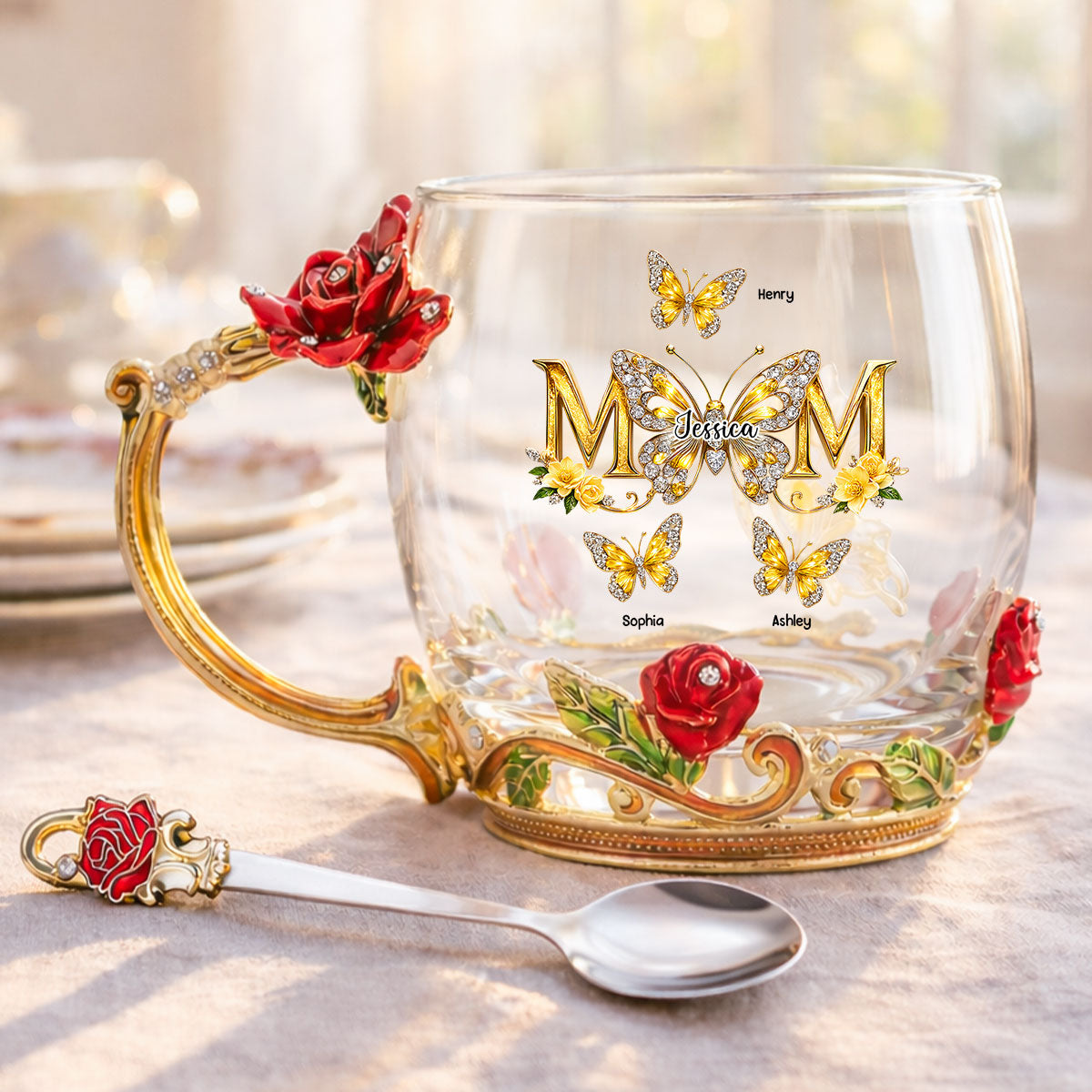 Mom And Children Butterflies - Personalized Enamel Flower Tea Cup - Gift For Mom