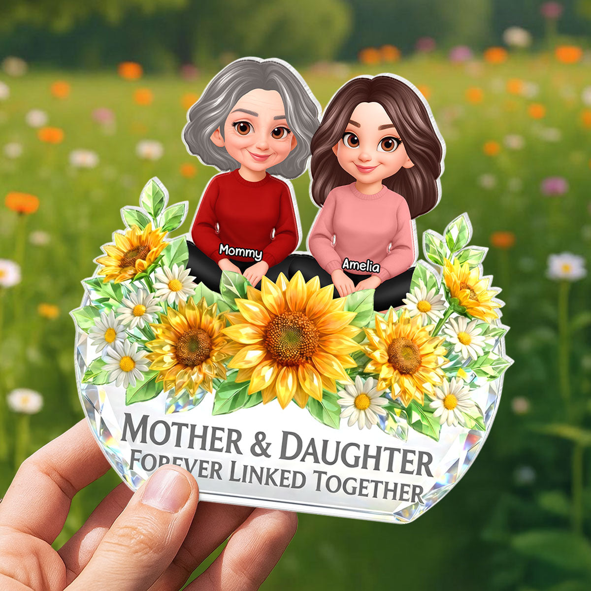 Mother Daughter Forever Linked Together Sunflower Pattern - Personalized Acrylic Block Plaque - Heartfelt Gift for Mom, Wife