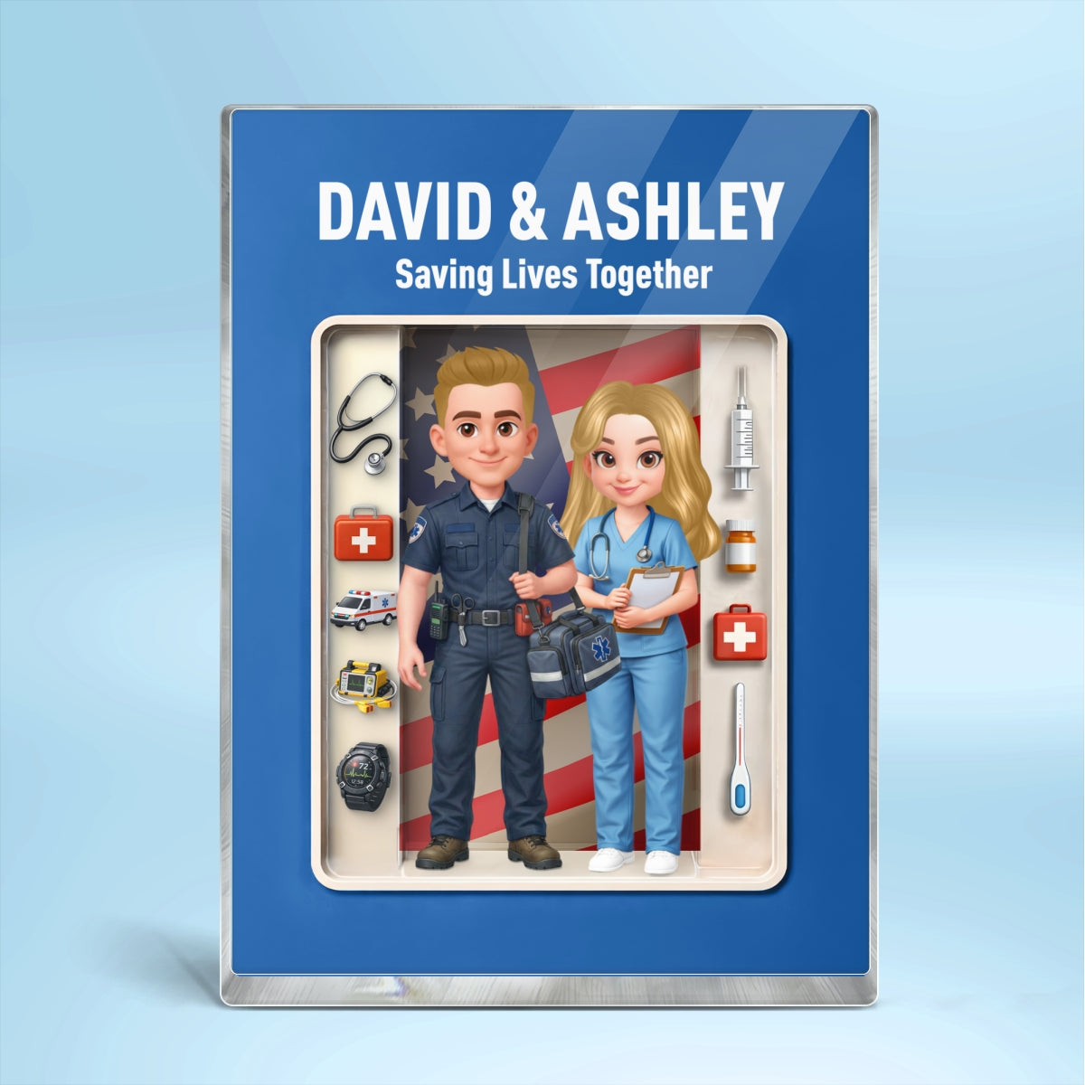 EMT & Nurse Couple 3D Action Figure - Personalized Acrylic Block Plaque - Heartfelt Gift for Him, for Her