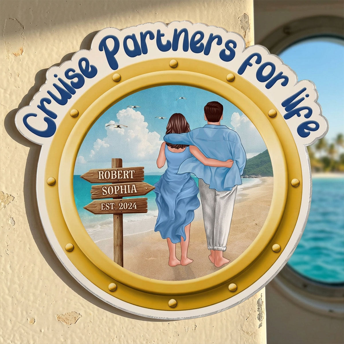 Cruise Partners For Life Porthole Couple Walking At Beach - Personalized Cruise Ship Door Magnet