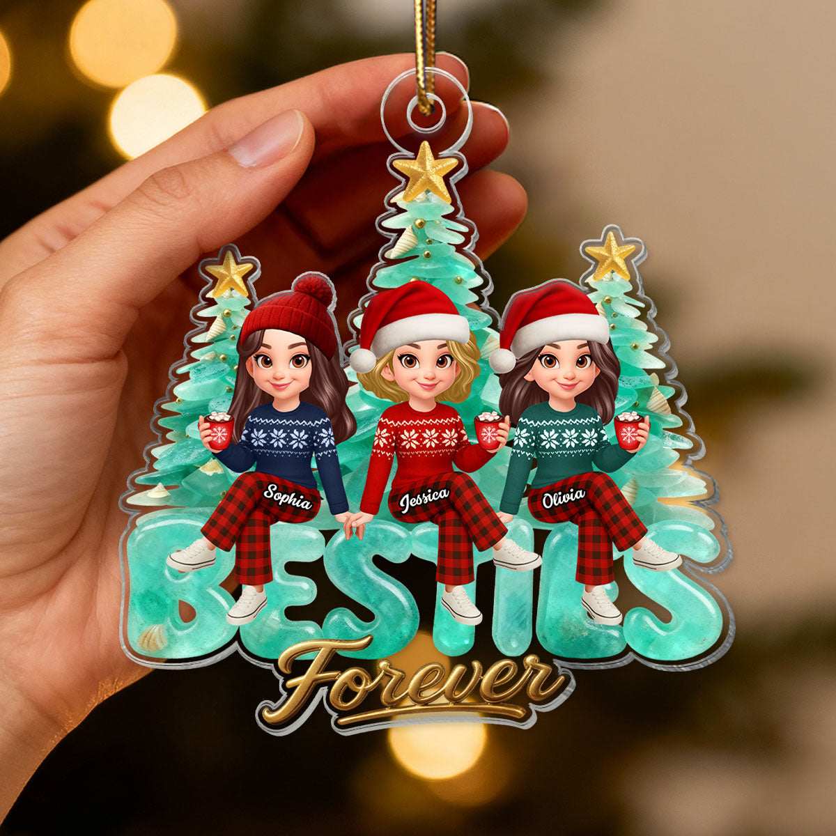 3D Sea Glass Effect Christmas Tree Besties Forever - Personalized Acrylic Ornament - Gift For Best Friends