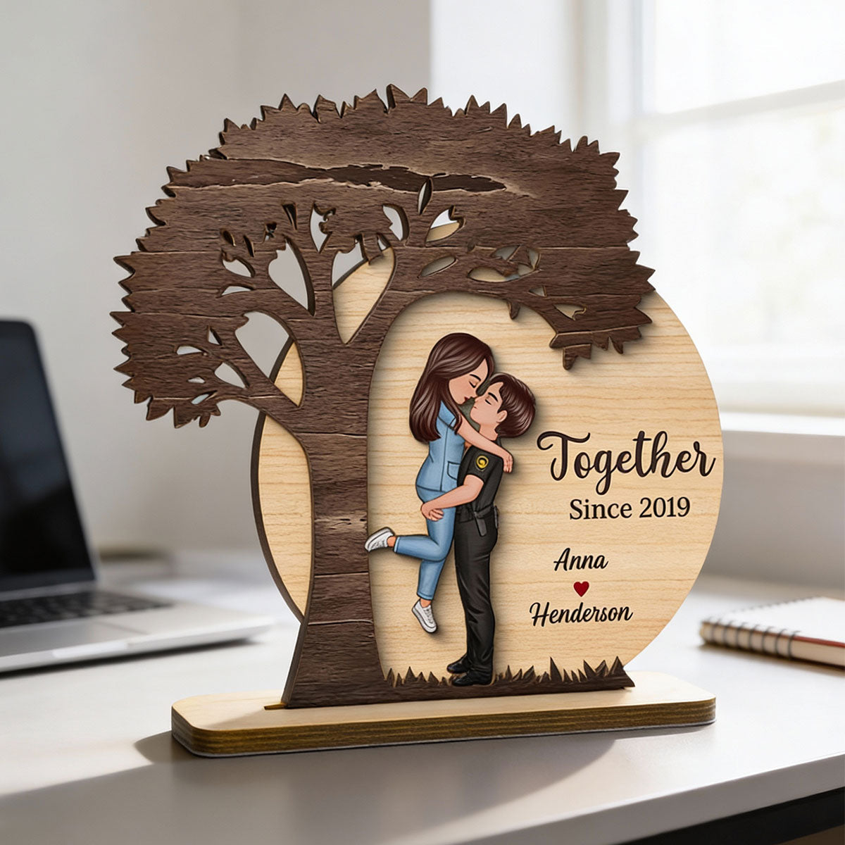 Couple Hugging Kissing Under Tree Moon Rustic - Personalized 2-Layer Wooden Plaque - Valentine's Day, Anniversary Gift For Him, For Her