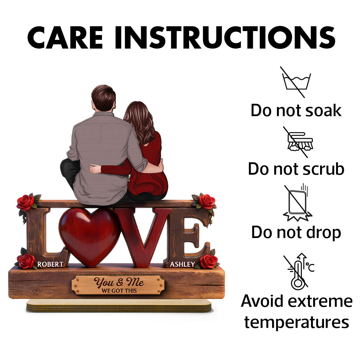 Roses LOVE Back View Couple Sitting Embracing - Personalized 2-Layered Wooden Plaque - Valentine's Day Gift For Couple, For Him, For Her