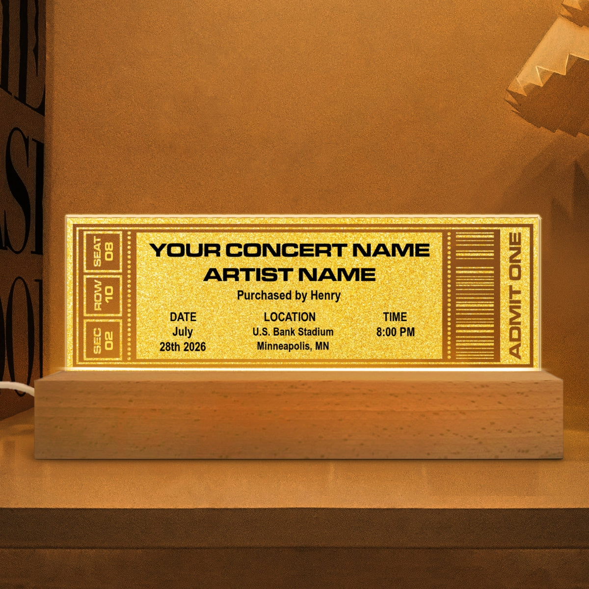 Custom Favorite Music Concert Photo Ticket - Personalized Acrylic Block LED Night Light - Valentine's Day Gift for her, for him