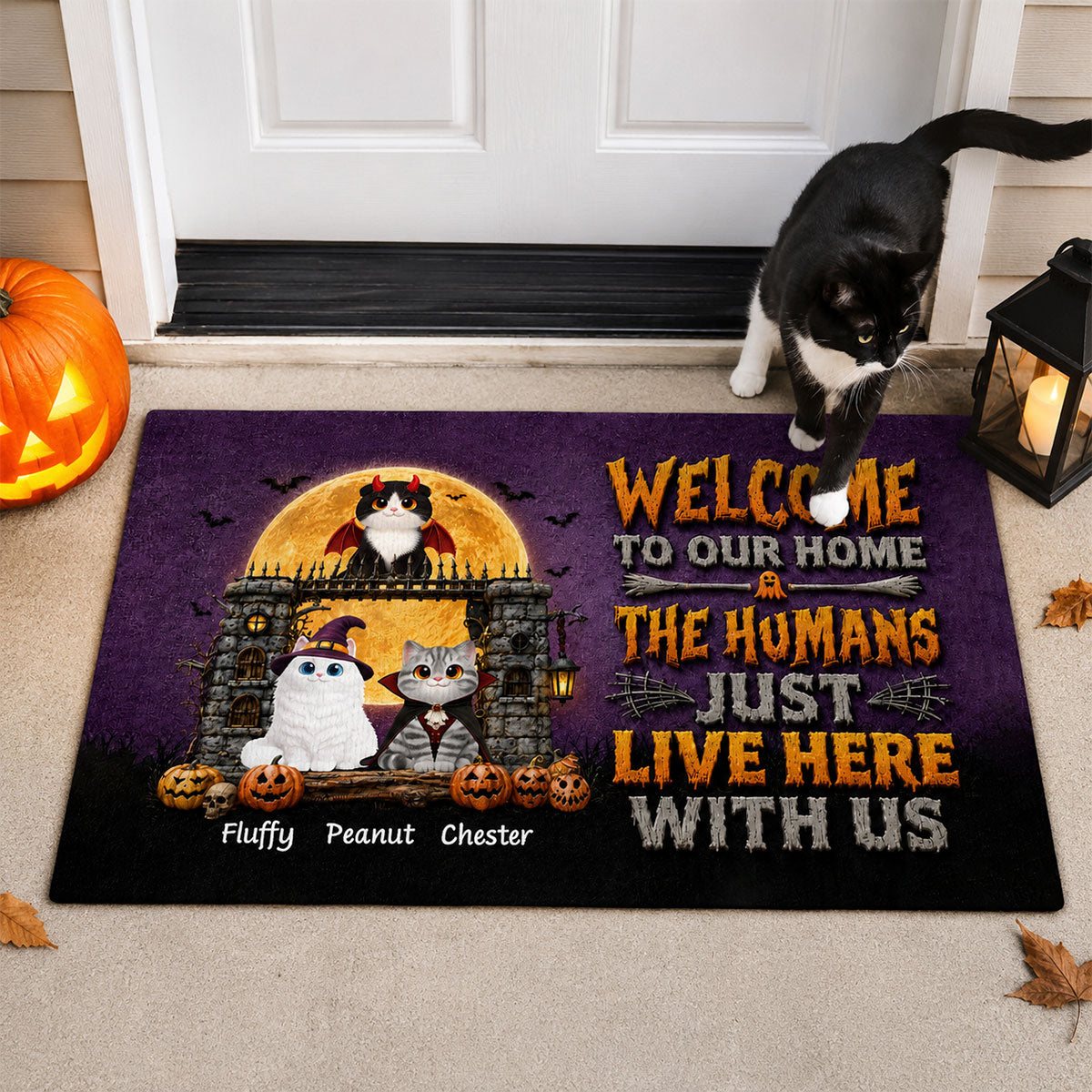 The Humans Just Live Here With Us - Personalized Doormat - Halloween Decor Gift, Gift For Cat Lovers