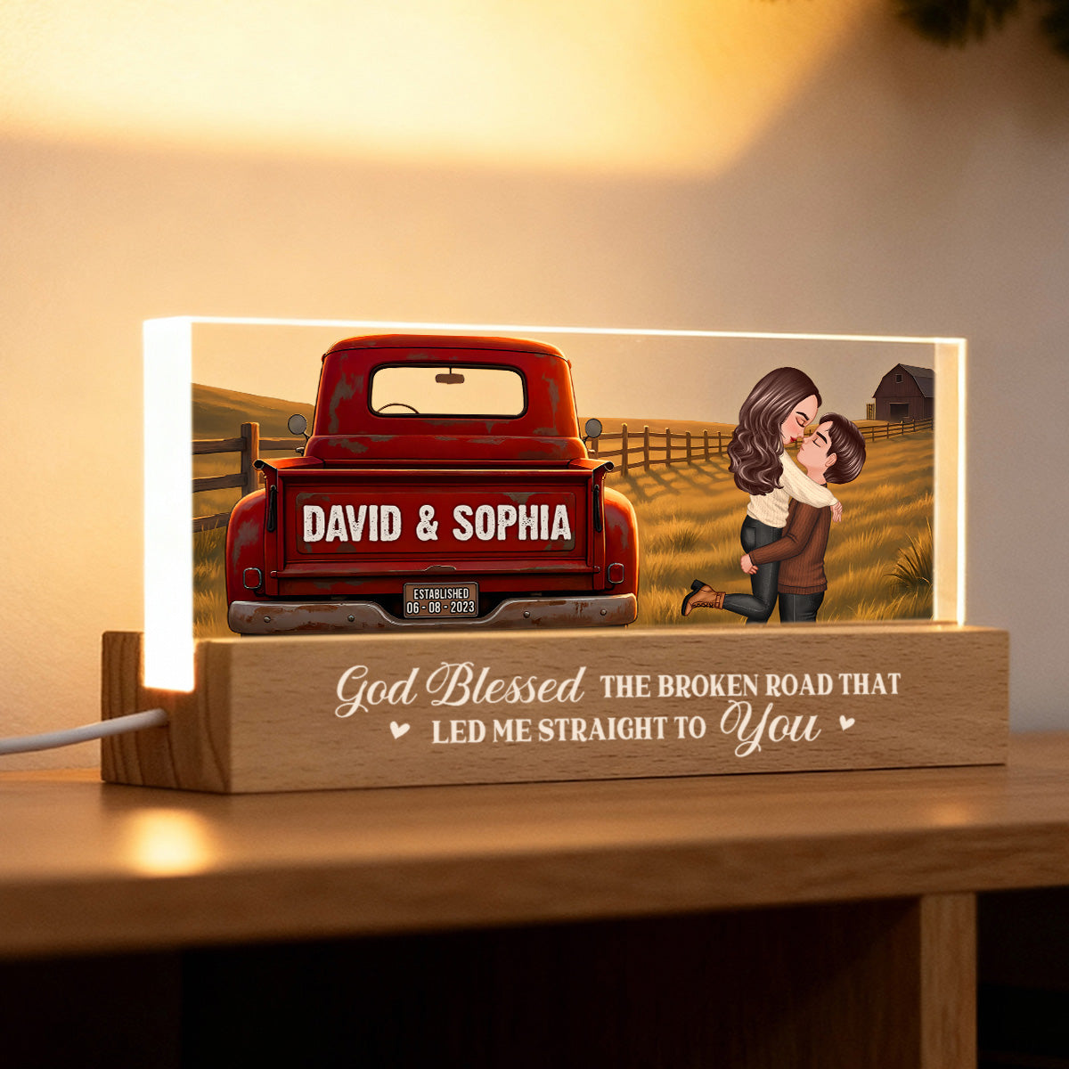 Rustic Nostalgia Red Truck Couple Hugging Kissing Farmhouse Decor - Personalized Acrylic Block LED Night Light - Heartfelt Valentine, Anniversary Gift For Him, For Her