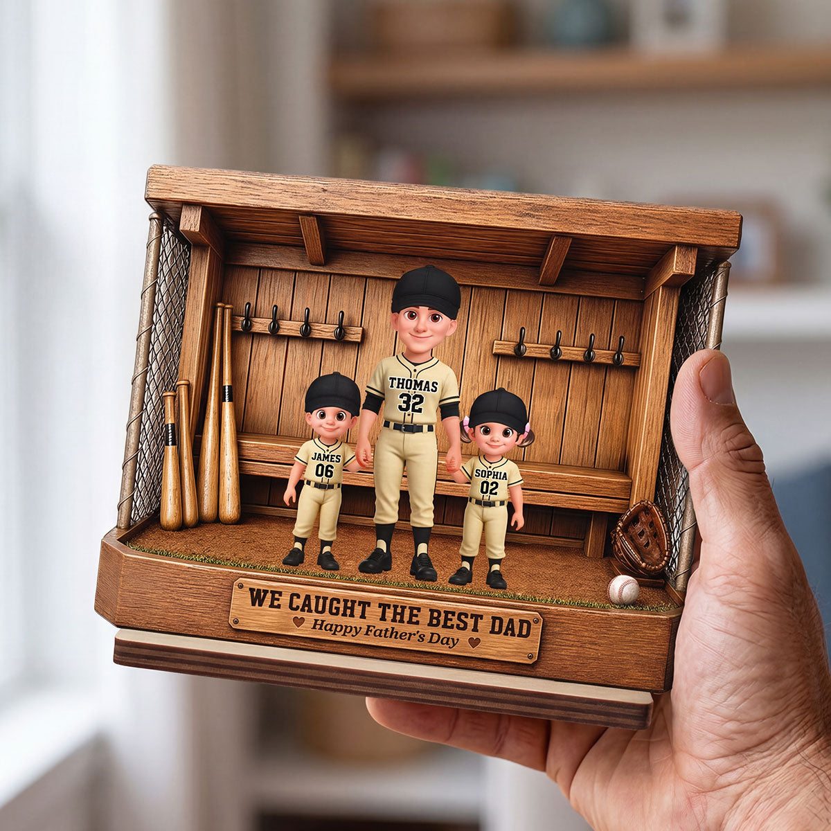 Baseball Dugout Dad And Kids We Caught The Best Dad - Personalized 2-Layered Wooden Plaque -  Gift For Dad