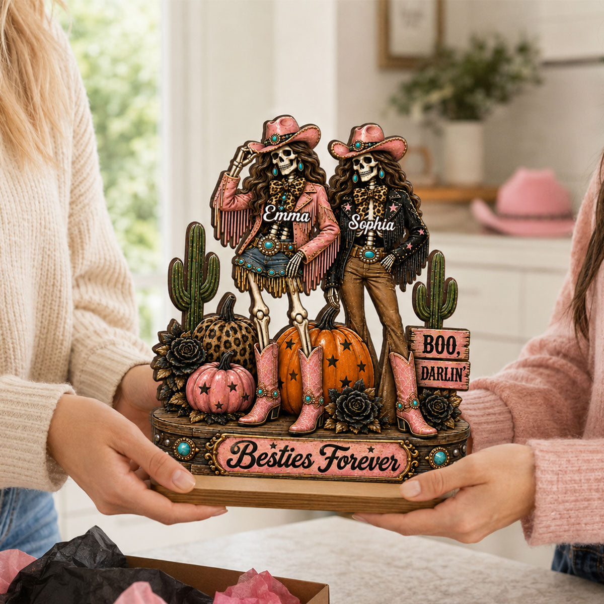 Western Halloween Skeleton Cowgirls - Personalized 2-Layered Wooden Plaque - Halloween Decor Gift, Gift For Besties