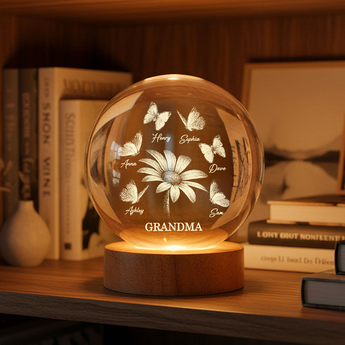 Daisy Flower Butterflies Grandma Grandkids - Personalized Crystal Ball LED Night Light - Mother's Day Gift For Grandma