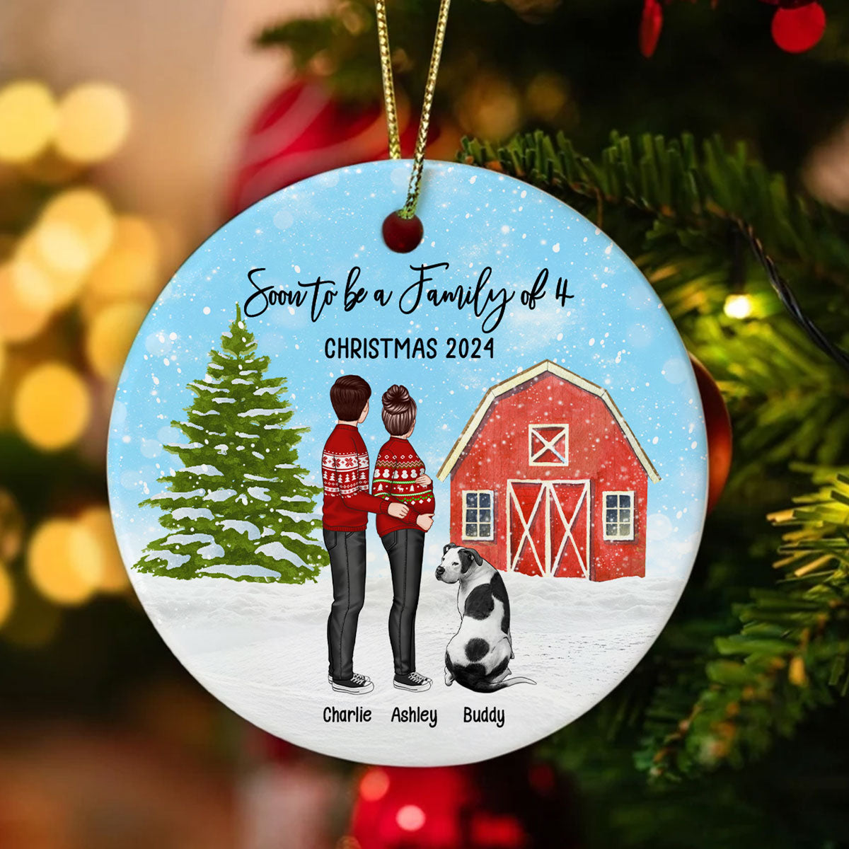Family Pregnancy Christmas Ornament, Expecting Pregnancy announcement, Red Barn, Personalized Circle Ceramic Ornament