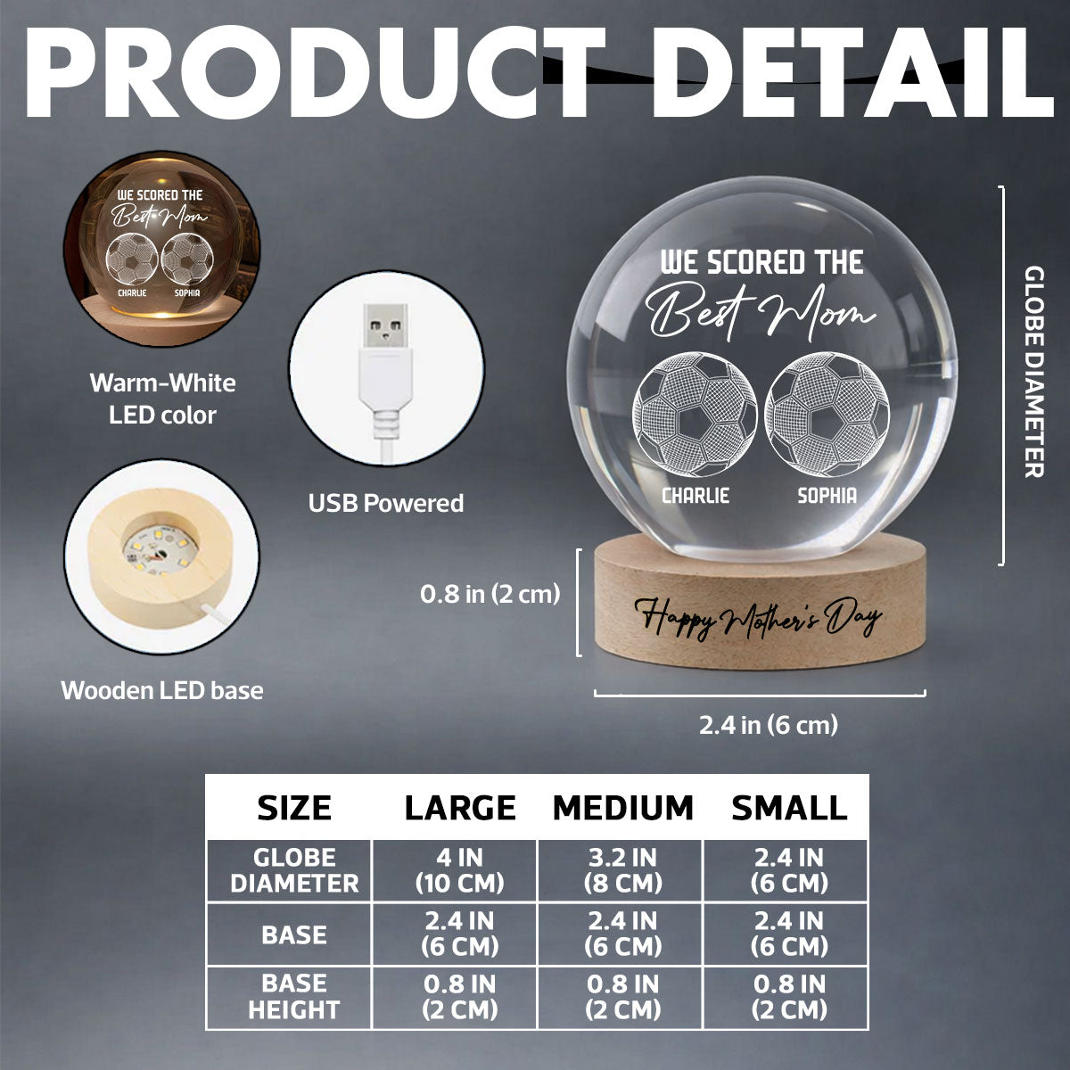 Soccer We Scored The Best Mom Illusion - Personalized Crystal Ball LED Night Light - Mother's Day Gift For Mom, Wife