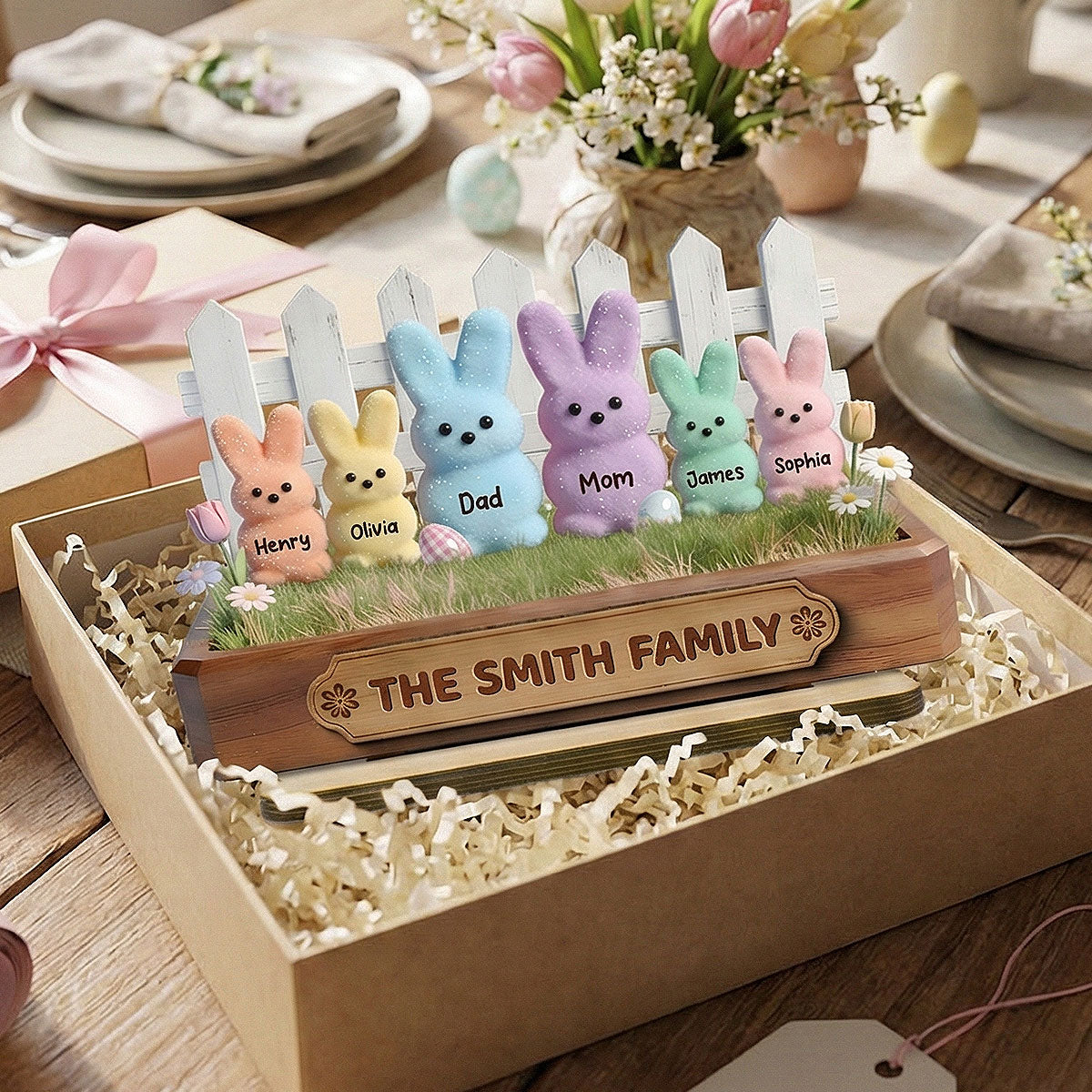 Easter Bunnies Family - Personalized 2-Layered Wooden Plaque - Gift For Family, Easter Decoration