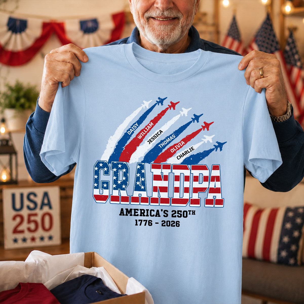 Proud Dad Grandpa Nation Flag American 250th Anniversary Light Color - Personalized Shirt - Gift For Dad, Grandpa