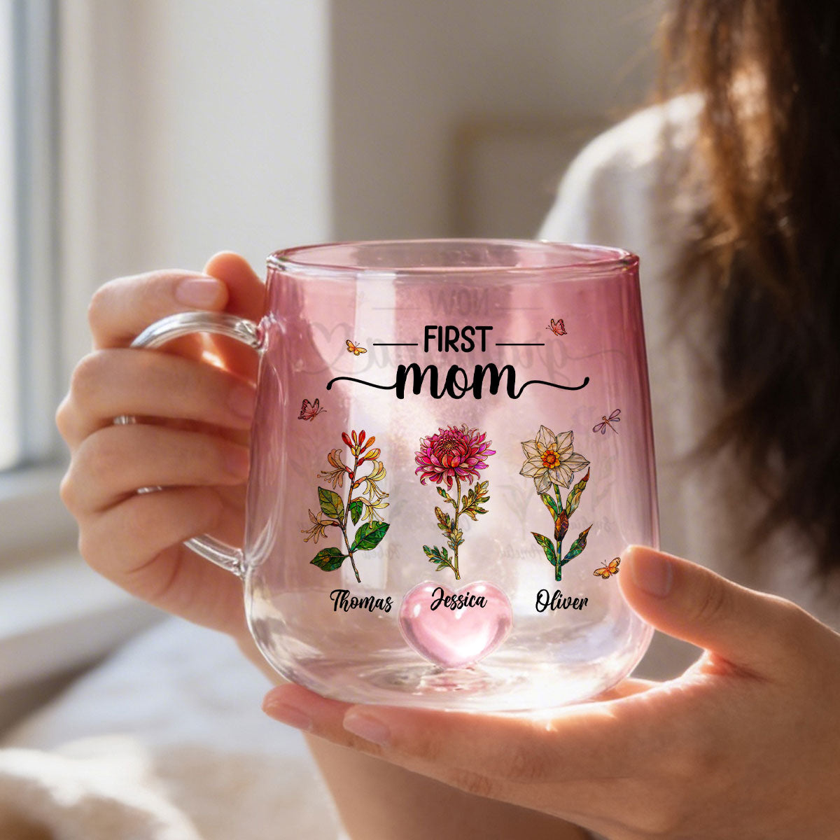 First Mom Now Grandma Custom Birth Flowers - Personalized Glass Mug - Mother's Day Gift for Mom, Grandma