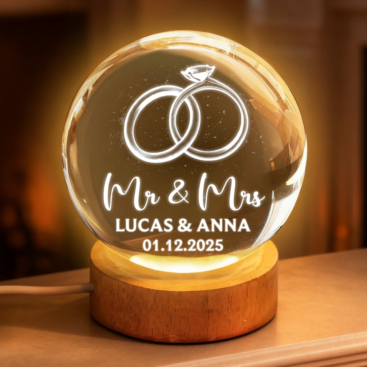 Couple Wedding Rings Interlocked - Personalized Crystal Ball LED Night Light - Heartfelt Valentine's Day Gift for Her, for Him, Wedding Anniversary Gift