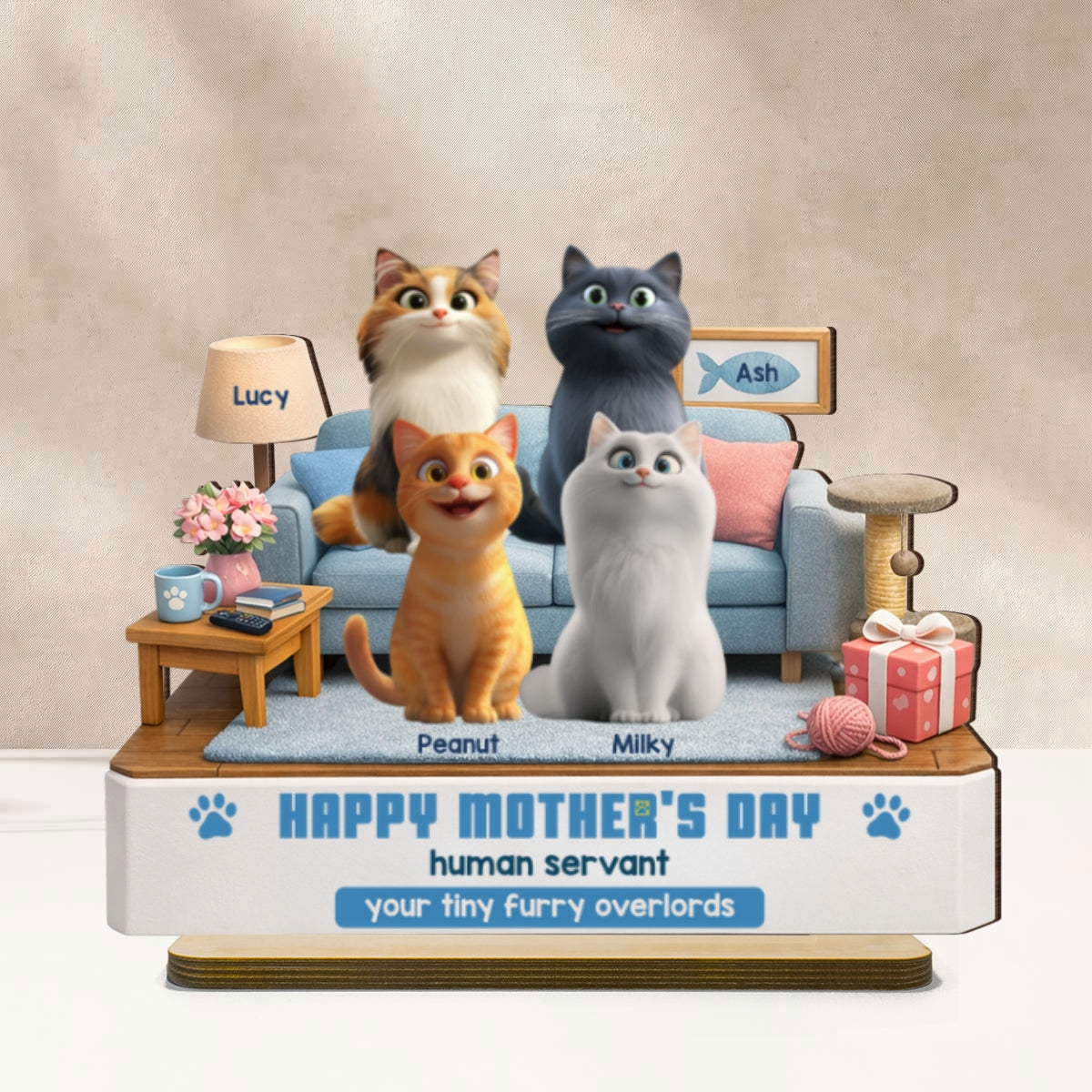 Happy Mother's Day Human Servant - Personalized 2-Layered Wooden Plaque - Funny Gift for Cat Moms