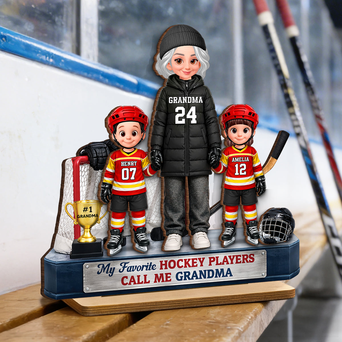 Grandma Hockey And Kids Together - Personalized 2-Layered Wooden Plaque - Heartfelt Gift For Grandma