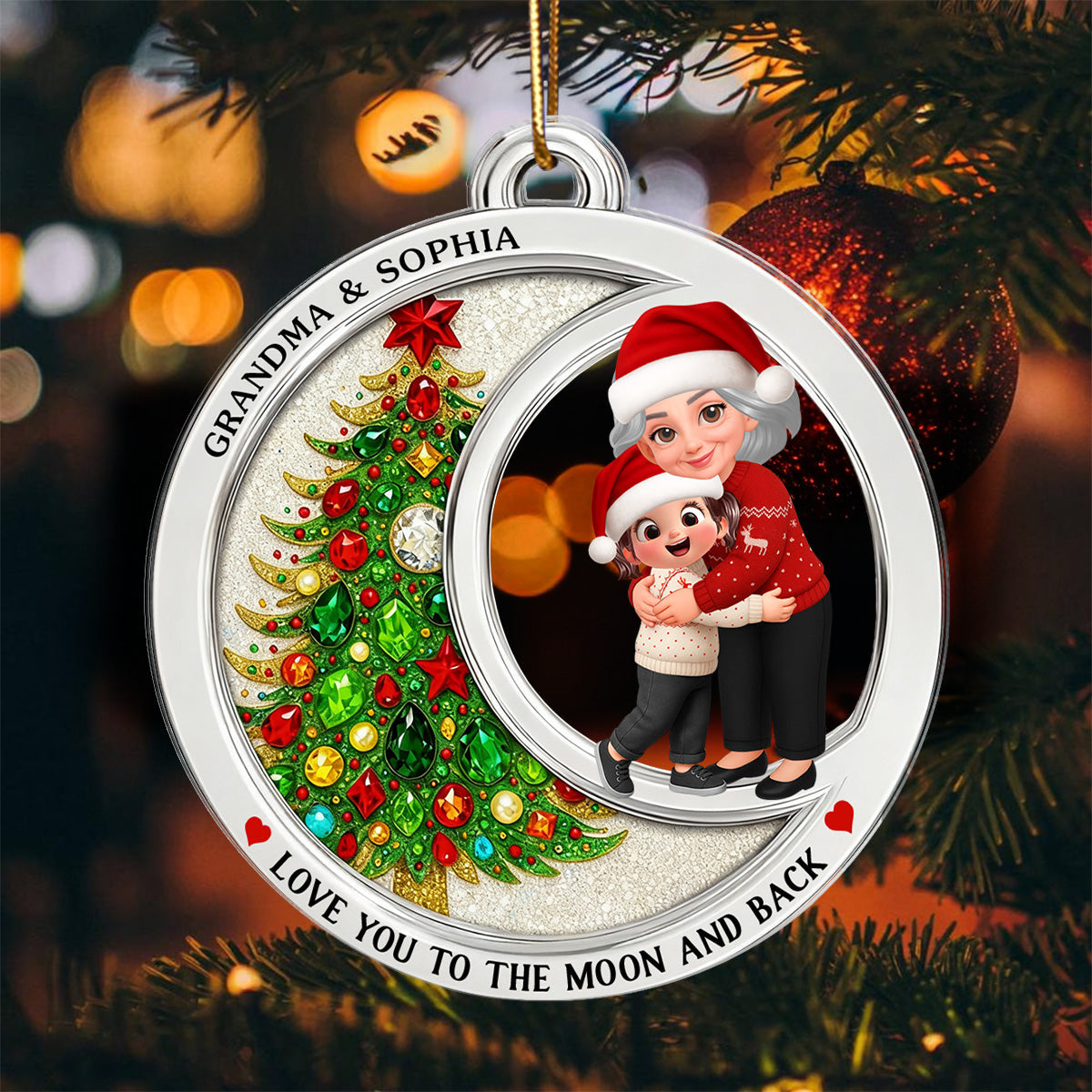 2D Flat Crystal Effect Love To The Moon Grandma Hugging Grandkid - Personalized Acrylic Ornament