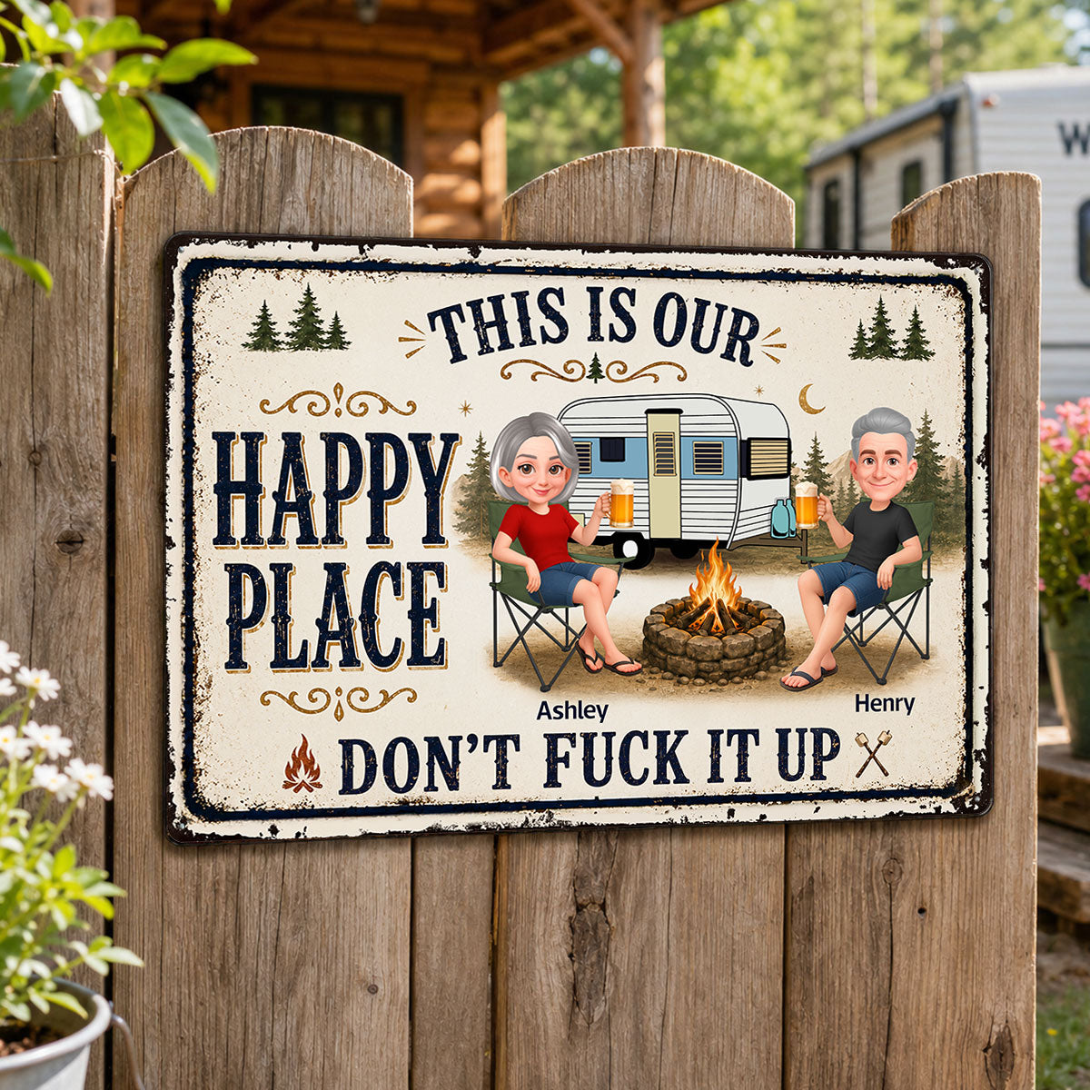 This Is Our Happy Place Camping Couple - Personalized Metal Sign - Funny Sarcasm Decoration For Campsite