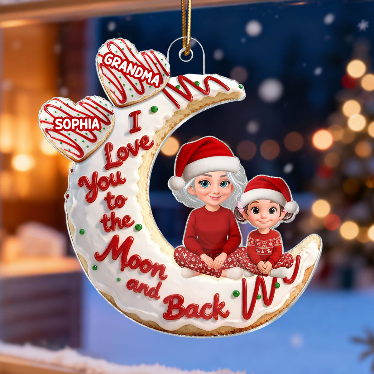 3D Effect Christmas Tree Cake Moon Grandma Grandkid Love You To The Moon And Back - Personalized Acrylic Ornament - Christmas Gift For All Grandkids
