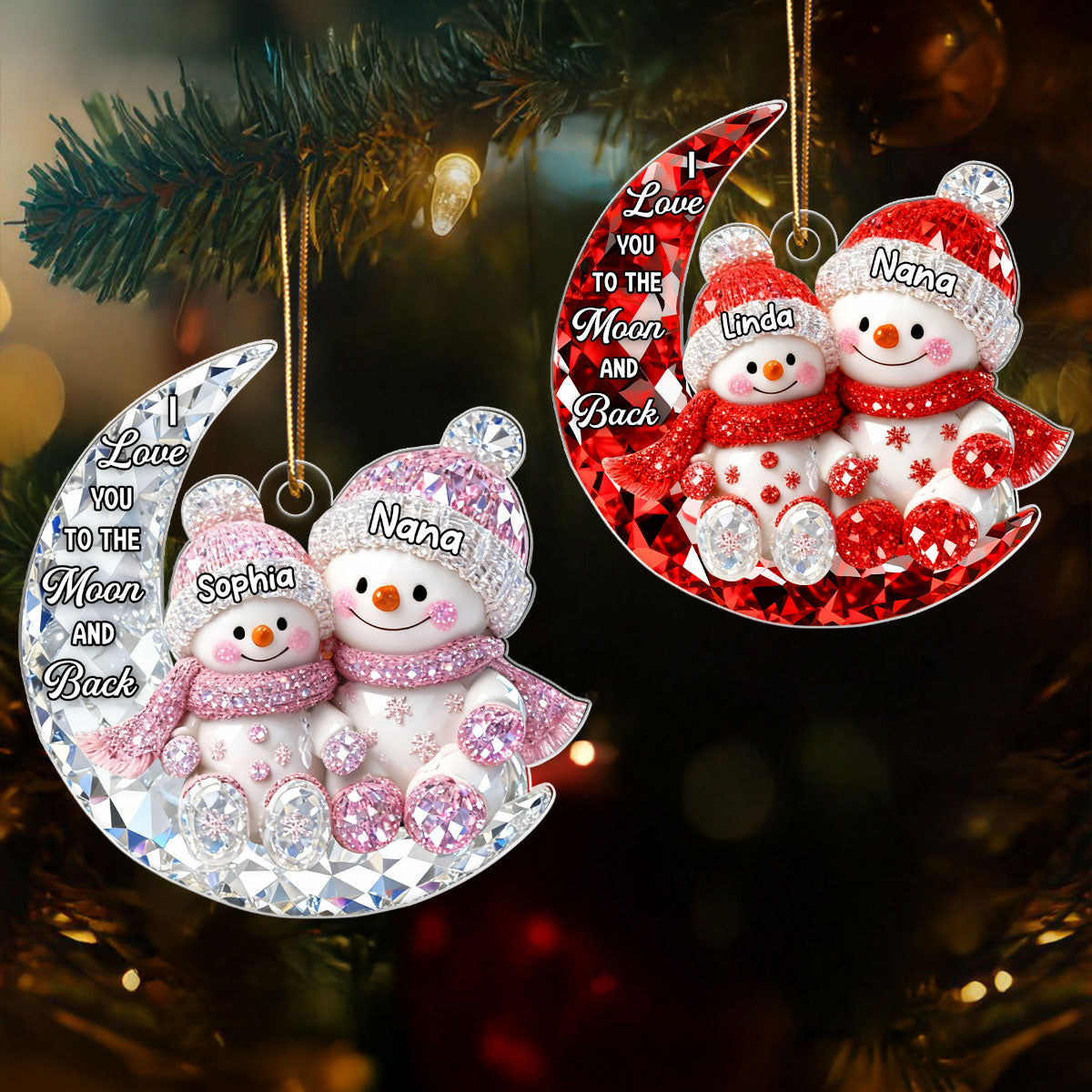3D Crystal Effect Snowman Grandma Grandkid on Moon - Personalized Acrylic Ornament - Christmas Gift for Grandma, Grandkids