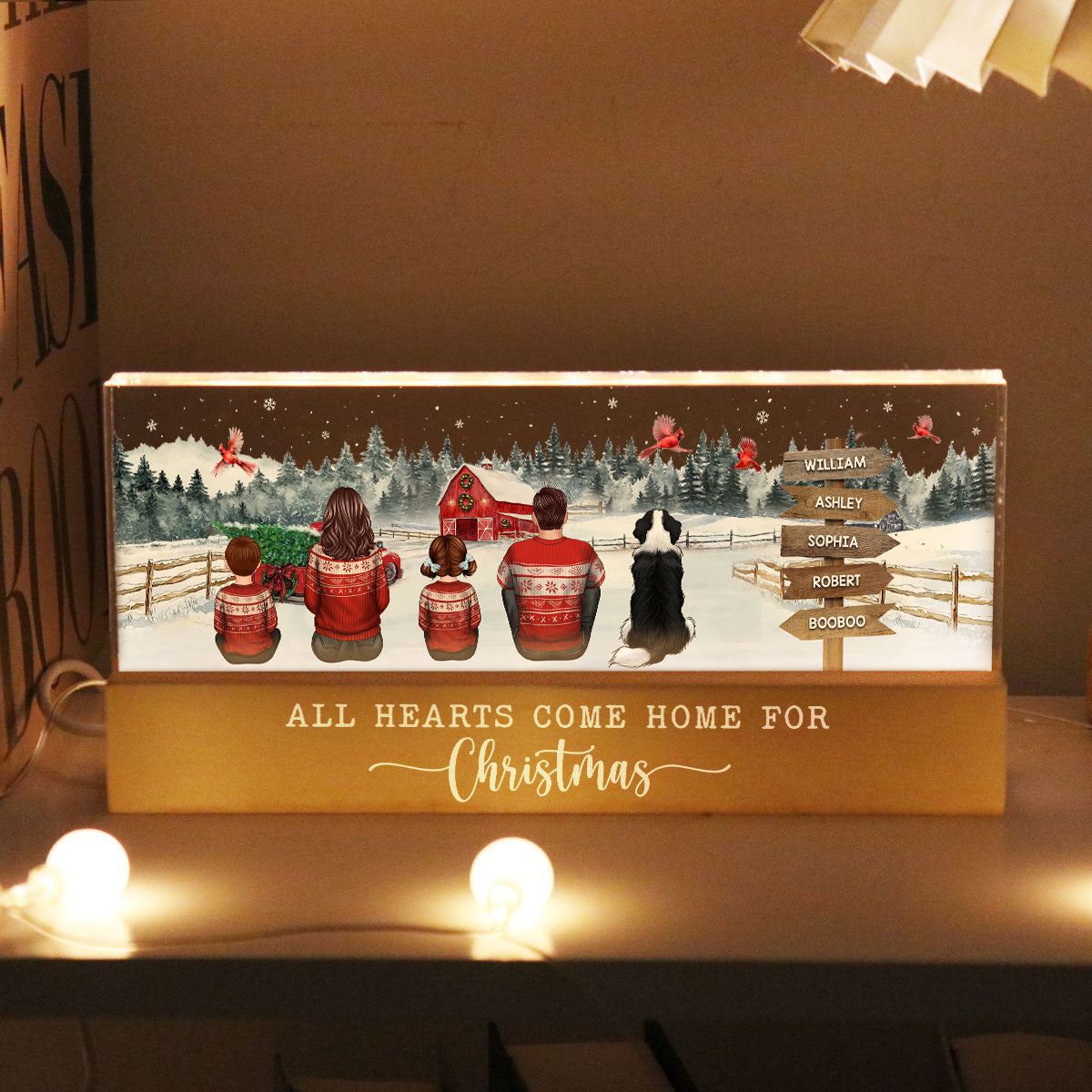Christmas Family Sitting Truck Red Barn Personalized Acrylic Block LED Night Light